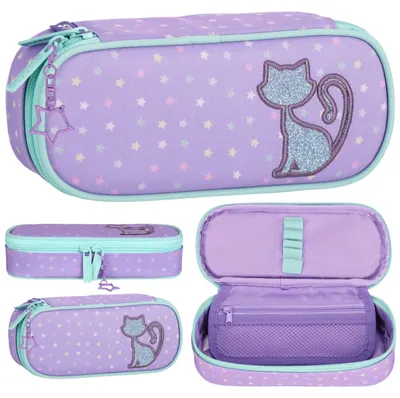 Produktbild von Katze Schul-Federmäppchen mit Fächern, lila Etui für Mädchen, 22 × 10 × 5 cm