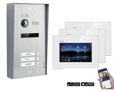 Produktbild von BALTER EVO 2-Draht BUS Komplettsystem mit Wifi , Aufputz Türstation für ein 3-Familienhaus mit 3 Monitoren Weiß Silber