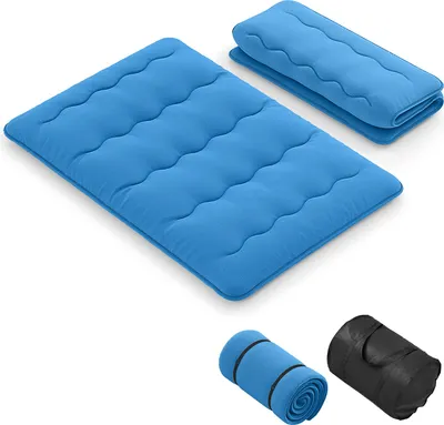 A blue foldable mattress and its rolled-up storage bag are displayed against a white background.