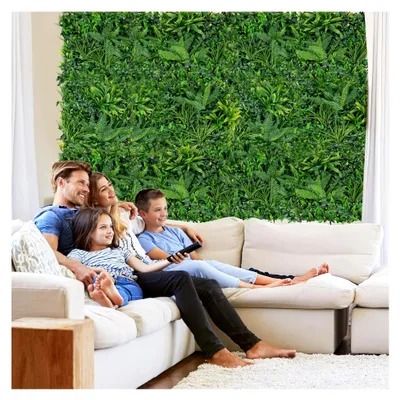 Produktbild von 4 Stück Künstliche Heckenpflanzenwand, 50 x 50 cm, Paneele mit verschiedenen Blättern, Simulierter Rasen Kunstpflanze, für Wand, Garten, Balkon, Grün