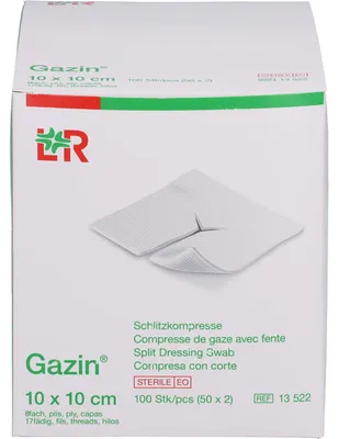 Zdjęcie produktu dla Gazin 10 cm x 10 cm sterylny 8-krotny kompres szczelinowy, 100 kompresów