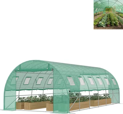 Image de Serre en film plastique XMTECH 6 x 3 x 2 m, serre en acier galvanisé, parois latérales enroulables avec moustiquaire, 12 fenêtres et 2 portes , avec piquets et cordes, vert