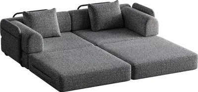 Produktbild von Chenille-Schlafsofa 2-in-1 mit Staufach in der Armlehne, drei Metallrahmen und mehreren Konfigurationsmöglichkeiten