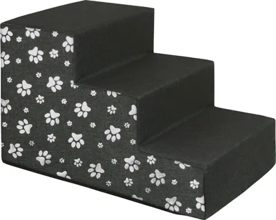 A three-step pet stair with a paw print pattern on the side.