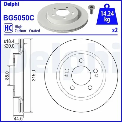 Produktbild von 2x DELPHI Bremsscheibe BG5050C für SSANGYONG REXTON (Y400) 44 5mm 315mm