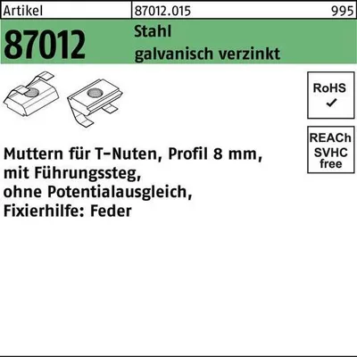 Produktbild von Reyher  Muttern für T-Nuten 87012 Zn8mm, M 8 o. PA. Zn (100 Stück)