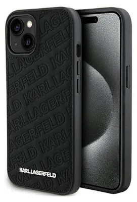 A black iPhone case with a quilted K pattern is shown next to an iPhone.
