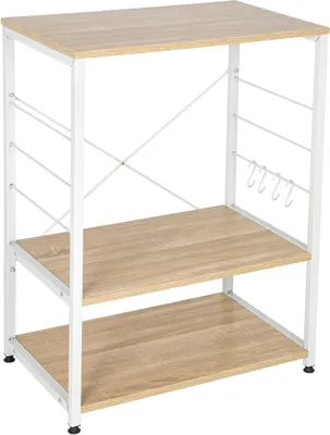 Produktbild von WOLTU Küchenregal Standregal Mikrowellenhalter Bäcker Regal Metallregal aus Holz und Stahl, mit 3 Ablagen, ca. 60 x 40 x 82 cm, Weiß + Hell Eiche