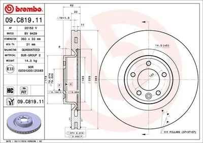 Produktbild von 2x BREMBO Bremsscheibe 09.C819.11 für LAND ROVER Range Rover Sport (L494) 62mm
