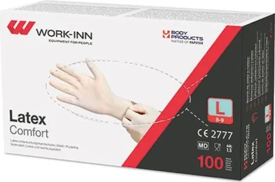 Produktbild von 100 "WORK-INN" Handschuhe, Latex puderfrei "Comfort" weiss - natur Größe: L