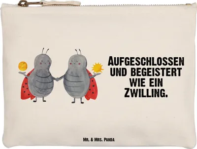 Produktbild von Mr. & Mrs. Panda Kosmetiktasche Sternzeichen Zwilling Größe M - Weiß - Geschenk, Pouch, Stoffbeutel, Zwillinge, Schlampermäppchen, Glückskäfer, Etui, Geburtstag Mai
