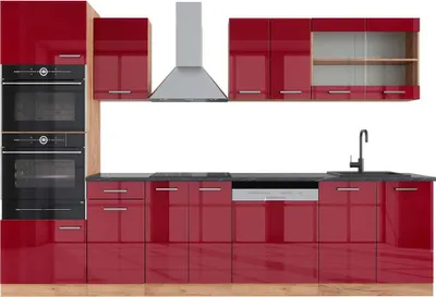 Produktbild von Küchenzeile Vicco R-Line Rot Hochglanz/Goldkraft Eiche 300 cm mit Hochschrank, AP Anthrazit, Model 43041