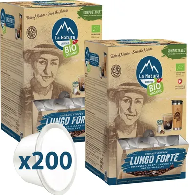 Produktbild von La Natura Kapseln LUNGO FORTE Kaffee XXL BOX 200 Kaffeekapseln | La Natura Lifestyle Organic 1020g| biobasiert | Nespresso®*³ kompatibel