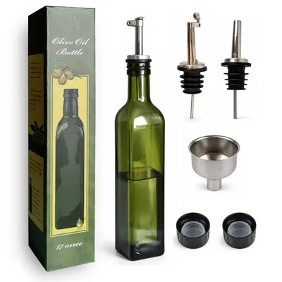 Zdjęcie produktu dla Gardenko Butelka na oliwę 500 ml, 27 cm zestaw 8 el. Dozownik, zielone szkło, ciemna butelka do oleju, octu, stalowe dwa dozowniki i lejek, do kuchni