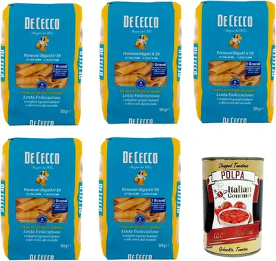Produktbild von De Cecco Pennoni Rigati N°39, 100% Italienisch Pasta Nudeln 5x 500g + Italian Gourmet Polpa 400g