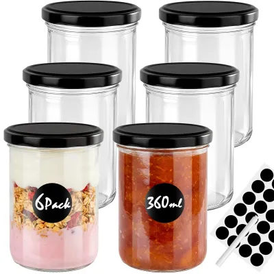Imagen del producto de 6 recipientes de vidrio herméticos de 360 ml, con etiquetas y rotuladores