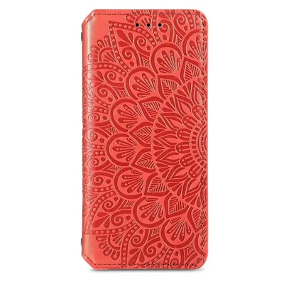 A red phone case with a mandala pattern embossed on it, shown against a white background.