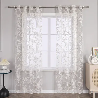 Produktbild von Joyswahl Vorhang Ausbrenner Ösenschal Voile Gardine mit Ösen Transparent mit Phönixblütenmuster Schlafzimmer Wohnzimmer, Braun HxB 175x140cm, 1 Stück