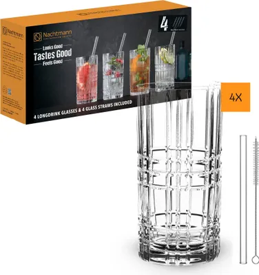 Produktbild von Nachtmann Longdrinkgläser 445 ml, 4 Stück, mit 4x Glasstrohhalme und 1x Reinigun