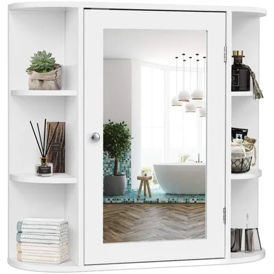 Productafbeelding van Spiegelschaaf van hout met planken en spiegel, wandplank voor de badkamer, 66 x 17 x 63 cm, wit