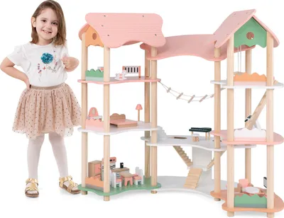 Produktbild von GOPLUS Puppenhaus auf 3 Etagen, Dollhouse mit 7 Zimmern & 32 Möbelstücken, Puppenvilla mit Strickleiter, Model 3, Rosa+Grün+Natur