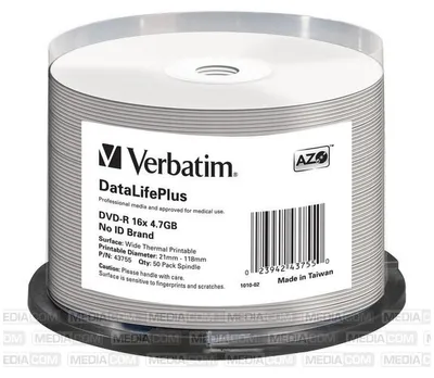 Obrázek produktu pro Verbatim DataLifePlus, DVD-R, Vřeteno, 50 kusů, 4,7 GB