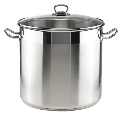 A stainless steel stockpot with a glass lid and handles, presented against a white background.