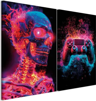 Produktbild von murando - Handart Bilder Set Totenkopf Kunstdruck 80x60cm 2 Teilig je 40x60cm Collage 2er Vlies mit Acrylgel Beschichtet Wandbilder Leinwandbilder Dekoration - Dunkle Farbe Geschenk i-H-10016-b-a