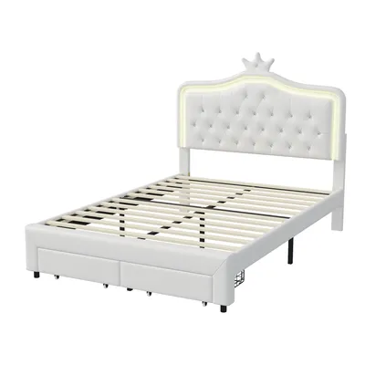 Produktbild von CDGlobal Kinderbett Polsterbett 140x200, Bettgestell für Mädchen mit LED verstellbares Kopfteil, Kronen-Einzelbettgestell aus Kunstleder mit Lattenrost und Schubladen, Weiß