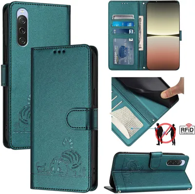 Produktbild von Leder Hülle für Sony Xperia 10 V Süße Katze Flip Case Brieftasche Schutzhülle mit Standfunktion Grün