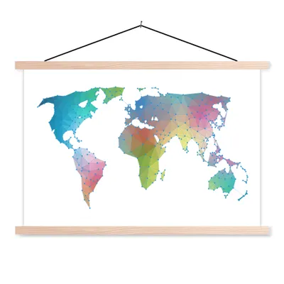 Produktbild von MuchoWow® Textilposter Weltkarte Kinder - Farben - Linien 120x80 cm mit holzfarbenen Rahmen - Aufhängeset