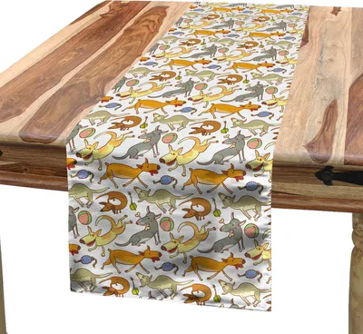 Produktbild von ABAKUHAUS Hund Tischläufer, Cartoon-Stil Interpretation von Doggies Spielen und Herumspielen mit Spielzeug Drucken, 40 x 225 cm, Mehrfarbig