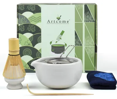 Immagine prodotto di Set per la cerimonia del tè Matcha, 7 pezzi: ciotola, frusta, cucchiaio, setaccio, per preparazioni Usucha e Koicha, latte, colore bianco, materiali: bambù e Vetroceramica