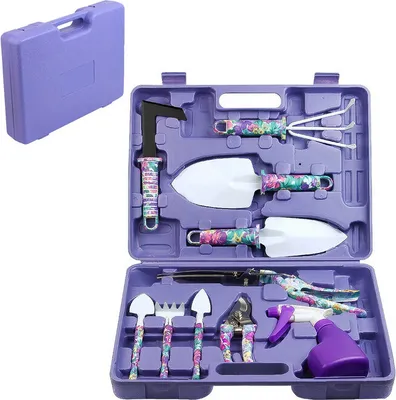 Obrázek produktu pro 10 kusů fialového zahradního nářadí s potiskem květin, ergonomická rukojeť, hrábě, plečka, nůžky, postřikovač, zahradní nářadí s taškou, fialová barva
