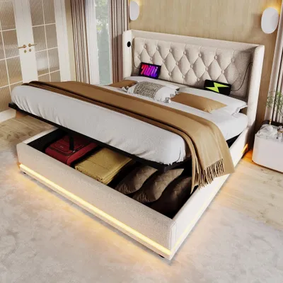Immagine prodotto di Letto imbottito 140x200 cm color beige, con spazio contenitore a sollevamento idraulico, testiera con porte USB e di tipo C, illuminazione LED a 3 lati e rivestimento in cotone