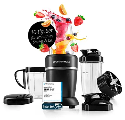 Produktbild von GOURMETmaxx Nutrition Mixer Pro 1.000 mit Zubehörset L - Shakes, Smoothies & Co.