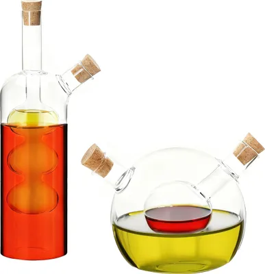Obrázok produktu pre Relaxdays Sada 2 fliaš na olej a ocot, 2 v 1, dávkovač oleja a octu, 2 veľkosti, s korkovou zátkou, dávkovač oleja, sklo, priehľadné