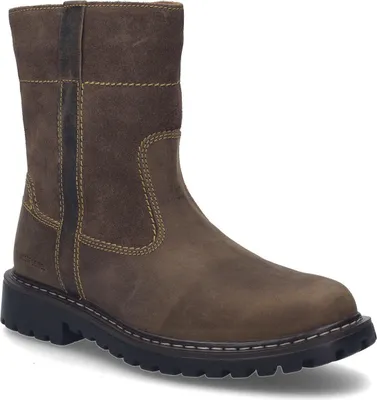 A single brown leather boot is shown against a white background.