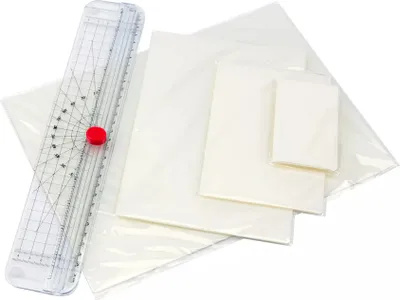 Produktbild von OLYMPIA Laminierfolien-Set mit DIN A5 Schneidelineal, 100 gemischte Folien, 80 Mikron