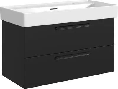 Produktbild von Badezimmer Waschtisch 100 cm Breite in schwarz mit Waschbecken für 2 Armaturen - ATELLA-03