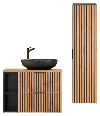 Produktbild von Waschtisch und Hängesäule 80.6cm Gaia mit 2 Schubladen, Eichenoptik und Schwarz