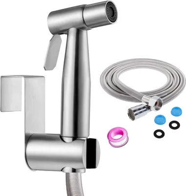 Produktbild von Toiletten-Bidet-Sprühset und Toiletten-Bidet-Sprühset aus Edelstahl. Einfach zu installierendes Bidet-Sprühset mit 1,5 m langem Federbrauseschlauch und Haken