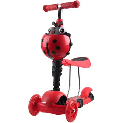A red 3-in-1 scooter with a ladybug design for children, shown against a white background.