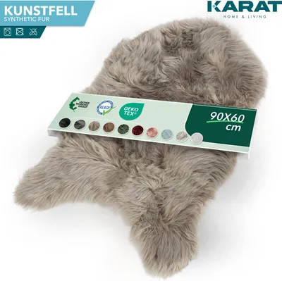 A fluffy faux fur rug is displayed on a white background, with a product information tag attached.
