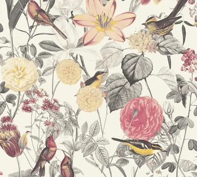 Produktbild von A.S. Création Blumentapete Exotic Life Vogeltapete Vliestapete rot gelb grau 10,05 m x 0,53 m