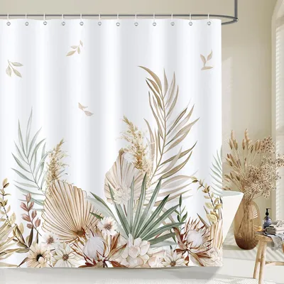 Obrázok produktu pre Sprchové závesy v štýle boho s motívom tropických listov, žlté, 180 x 200 cm, odolné proti plesni, vodotesné, polyesterová tkanina, prateľné, kúpeľňový záves, s 12 háčikmi