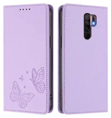 Obrázek produktu pro Kožené pouzdro pro Xiaomi Redmi 9, motýlí ražbou, peněženkové flip pouzdro se stojánkem Světle fialová