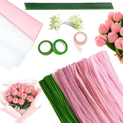 Immagine prodotto di Kit di pulizia per pipe a forma di fiori, set da 300 pezzi, rosa e verde, con accessori, ideale per creare composizioni a forma di bouquet di tulipani