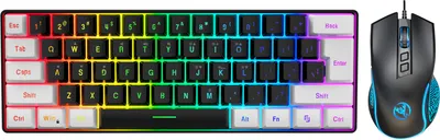 A black and white gaming keyboard with RGB lighting and a black gaming mouse are shown side-by-side on a white background.
