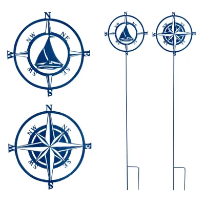 Produktbild von 2er Set Gartenstecker H118cm Kompassrose Blau Metall Garten-Deko Windrose Stele Beetstecker Maritim
